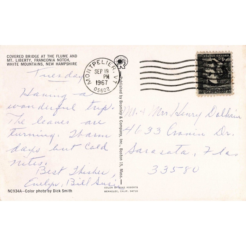 Vintage Mt Liberty Flume Bridge Franconia NH Covered Bridge Postcard 1967 VG - Picture 2 of 2